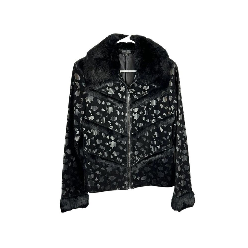 Apres Ski Jacket Coat Black Faux Leather Fur Trim Animal Print Western Rodeo S